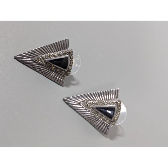 Art Deco Revival 925 Black Marcasite Triangle Drop Earrings Pierced - Picture 2 of 8